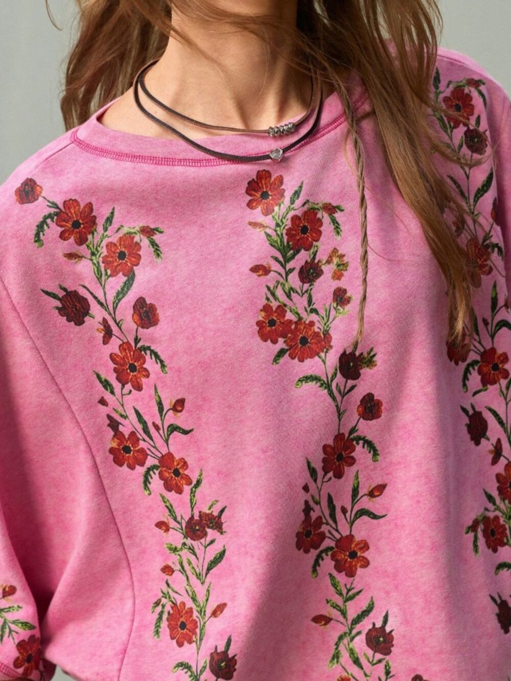 Hot Pink Casual Women's Floral Embroidery Boat Neck Batwing Slim Fit Cotton Top - Picture 4 of 7
